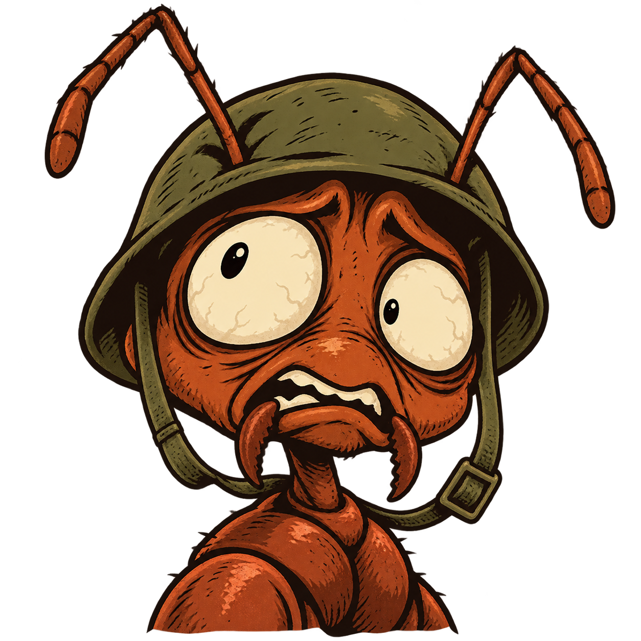 A terrified ant soldier wearing an oversized military helmet.